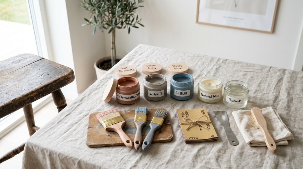 Styled flatlay arrangement of flea market furniture restorat