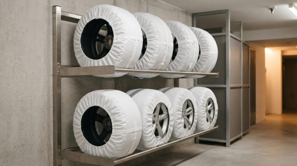 Close-up realistic photo of winter and summer car tires stor