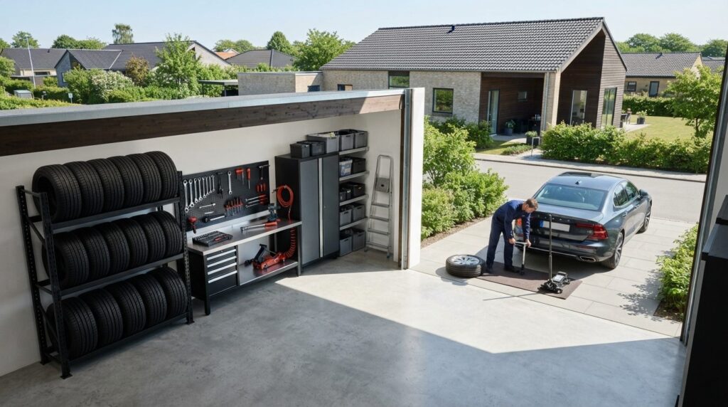 Realistic overhead view of organized residential garage with