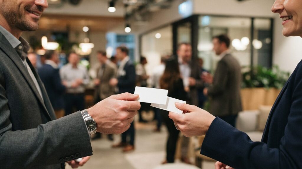 Close-up of business professionals exchanging business cards