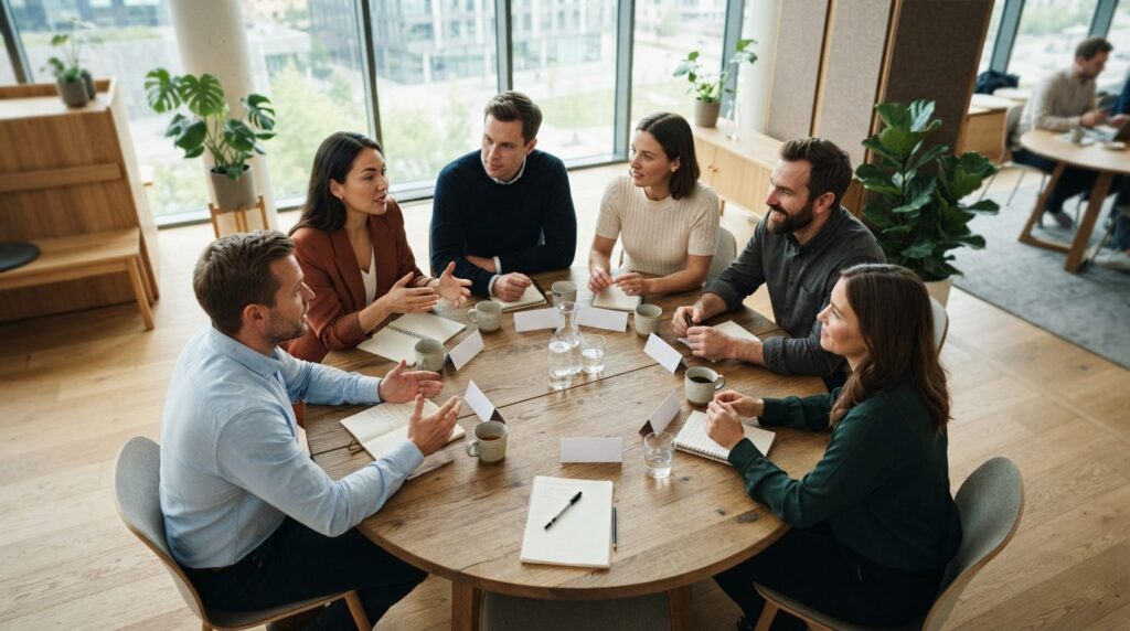 Overhead view of a round networking table with coffee cups, 
