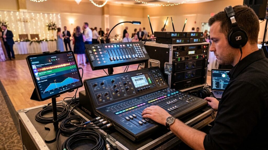 Close-up of a wedding entertainment control station: sound e