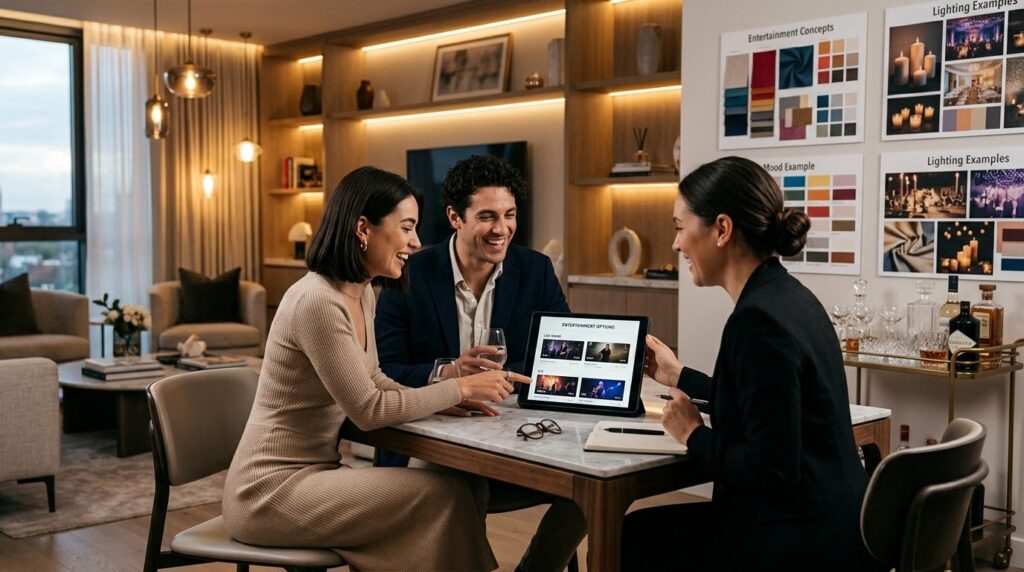 Modern wedding couple discussing entertainment options with