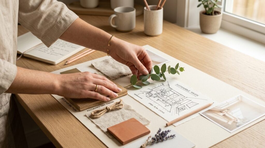 Close-up of designer hands arranging sustainable home decor 