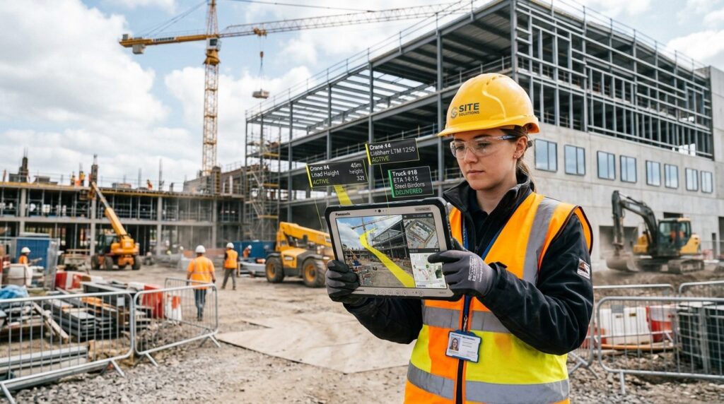 Professional close-up of a construction site logistics coord