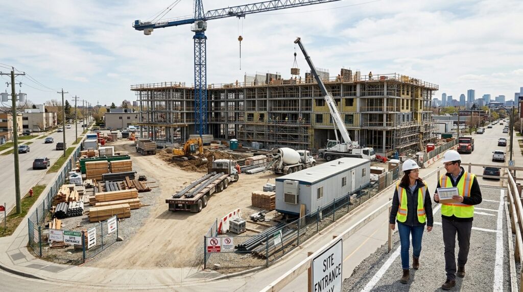 Wide shot of a residential building under construction with