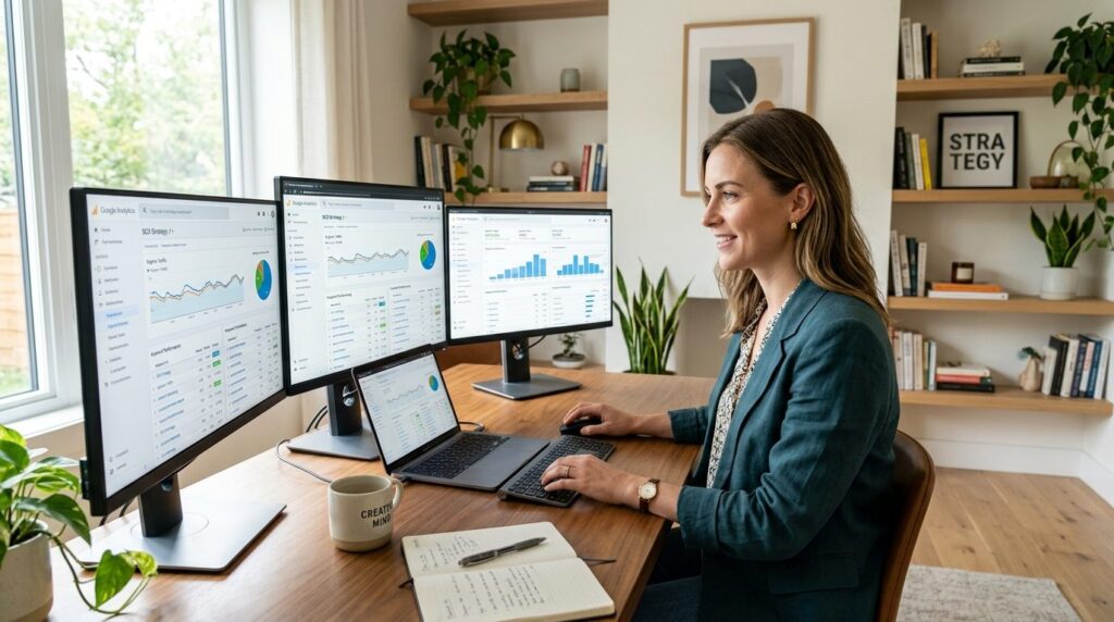 Female digital entrepreneur in contemporary home office with