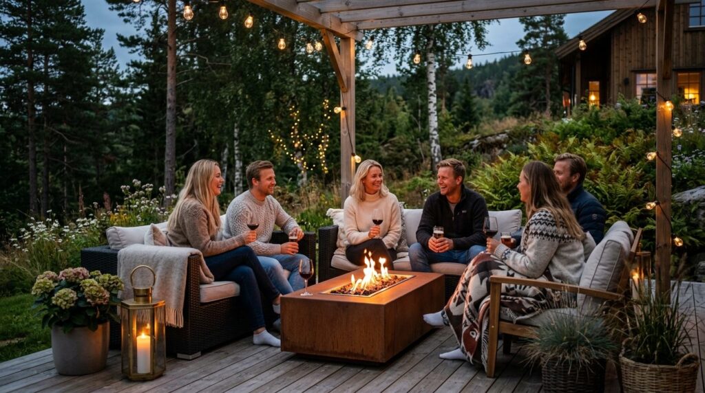 Atmospheric evening scene of a scandinavian garden terrace w