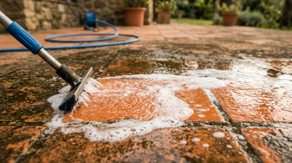 Close-up detail shot of a tile surface being cleaned with pr