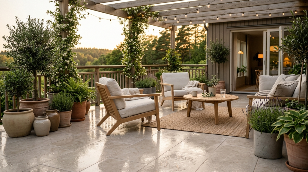 Beautifully styled outdoor terrace or patio with freshly cle
