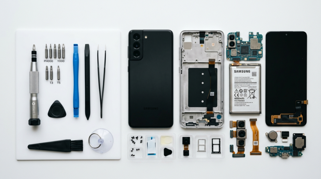 Close-up flatlay of a disassembled Samsung smartphone with n
