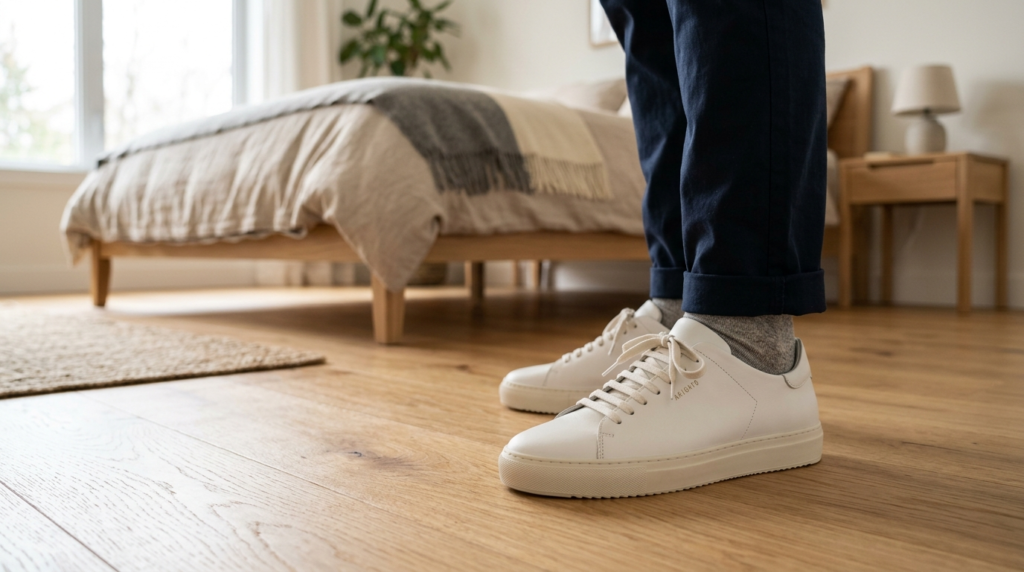 Close-up lifestyle shot of a mans feet wearing premium whit