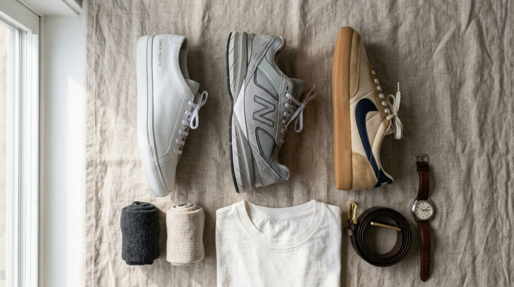 Flat lay overhead shot of sneaker styling essentials: three