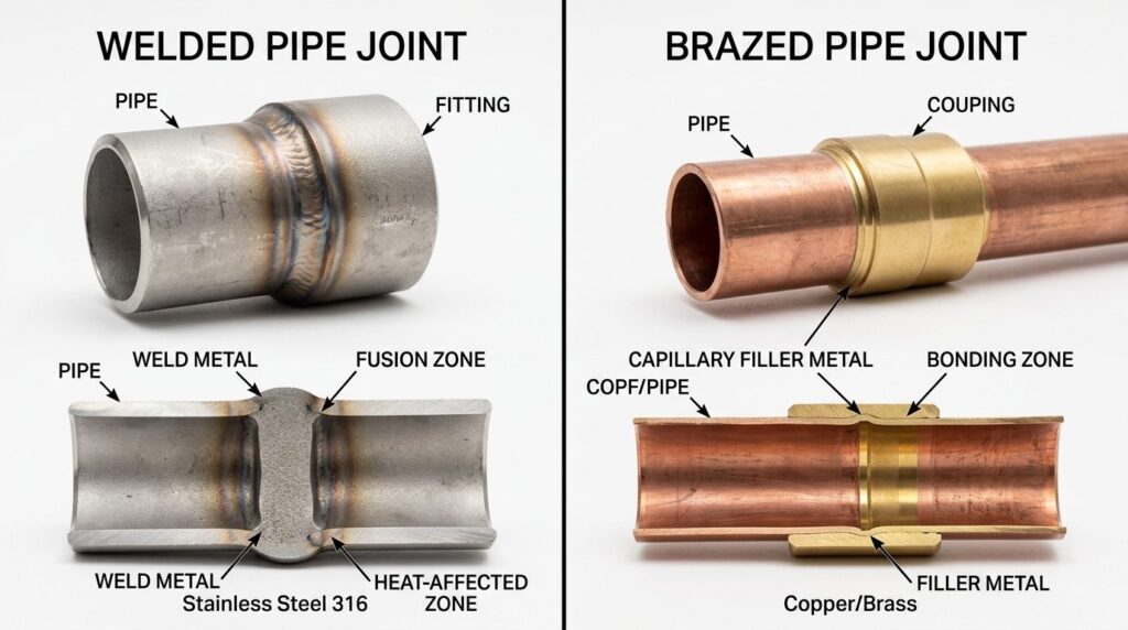 Side-by-side comparison of welded pipe joint versus brazed p