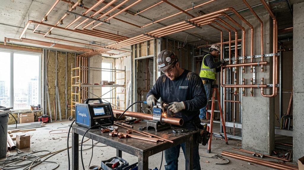 Modern residential building renovation with visible copper p