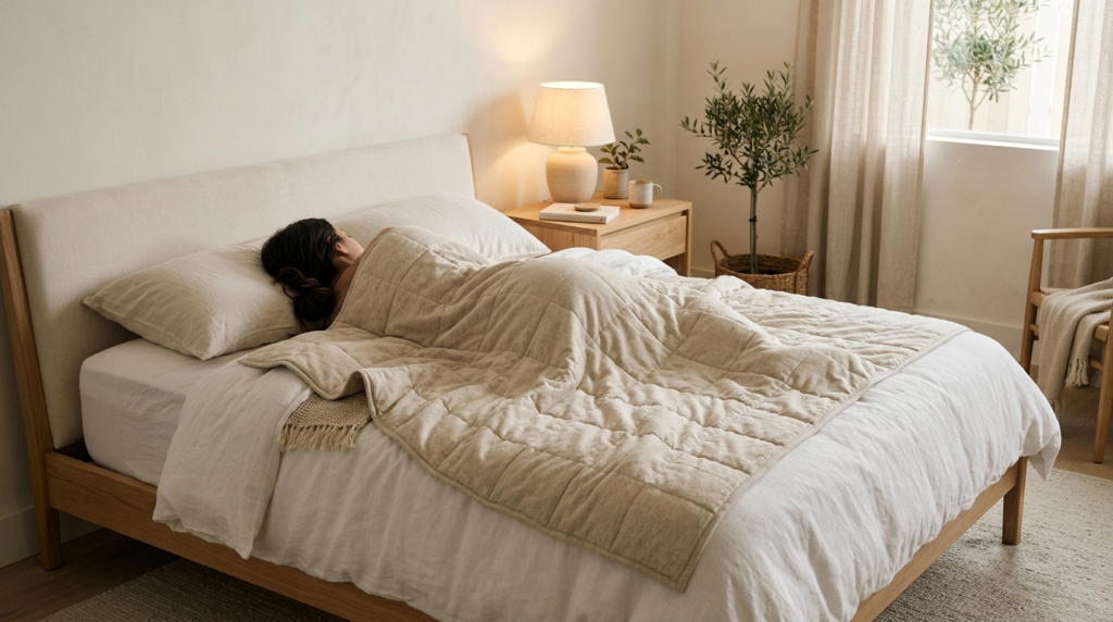 Serene bedroom scene of a person peacefully sleeping under a